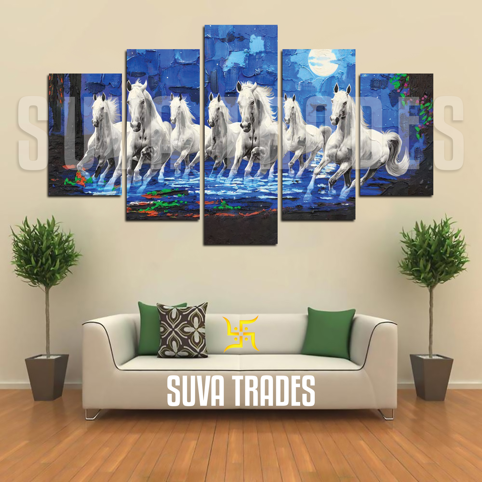 5 Piece Panel 7 White Horse Blue Blue Background Wall Hang Animal Canvas Art Print with Frame by Om Suva Trades