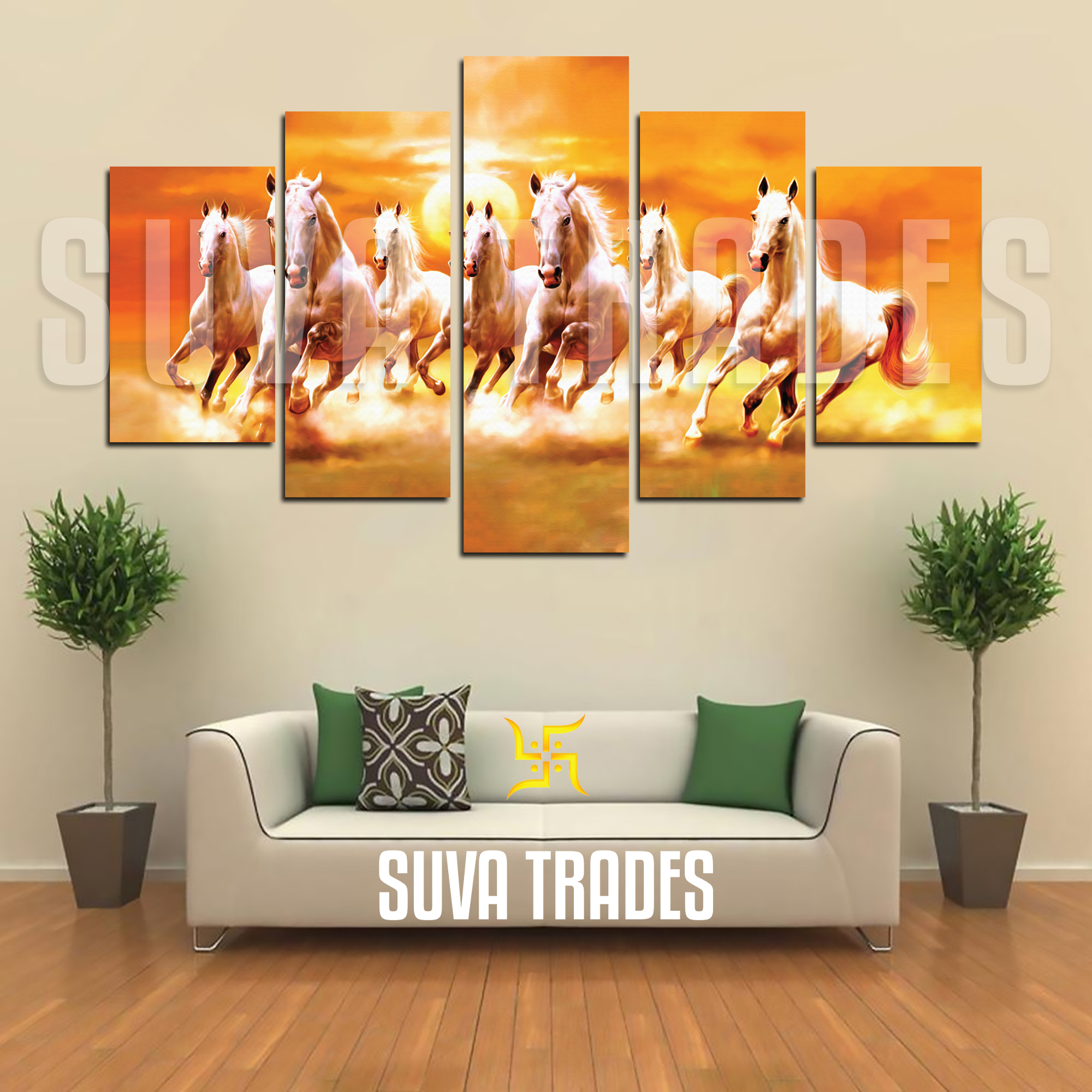 5 Piece Panel 7 Horse Wall Hang Animal Canvas Art on Vinyl Forex Print with Frame by Om Suva Trades