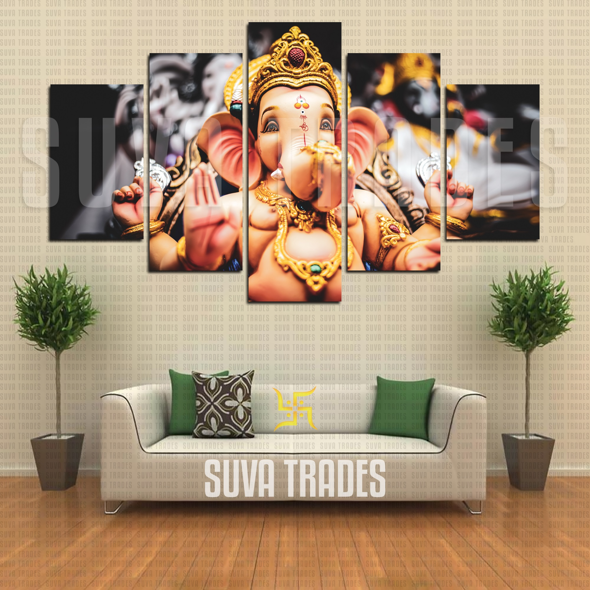 5 Panel Baby Ganesh God Wall Hang Canvas Print With Wooden Frame by Suva Trades