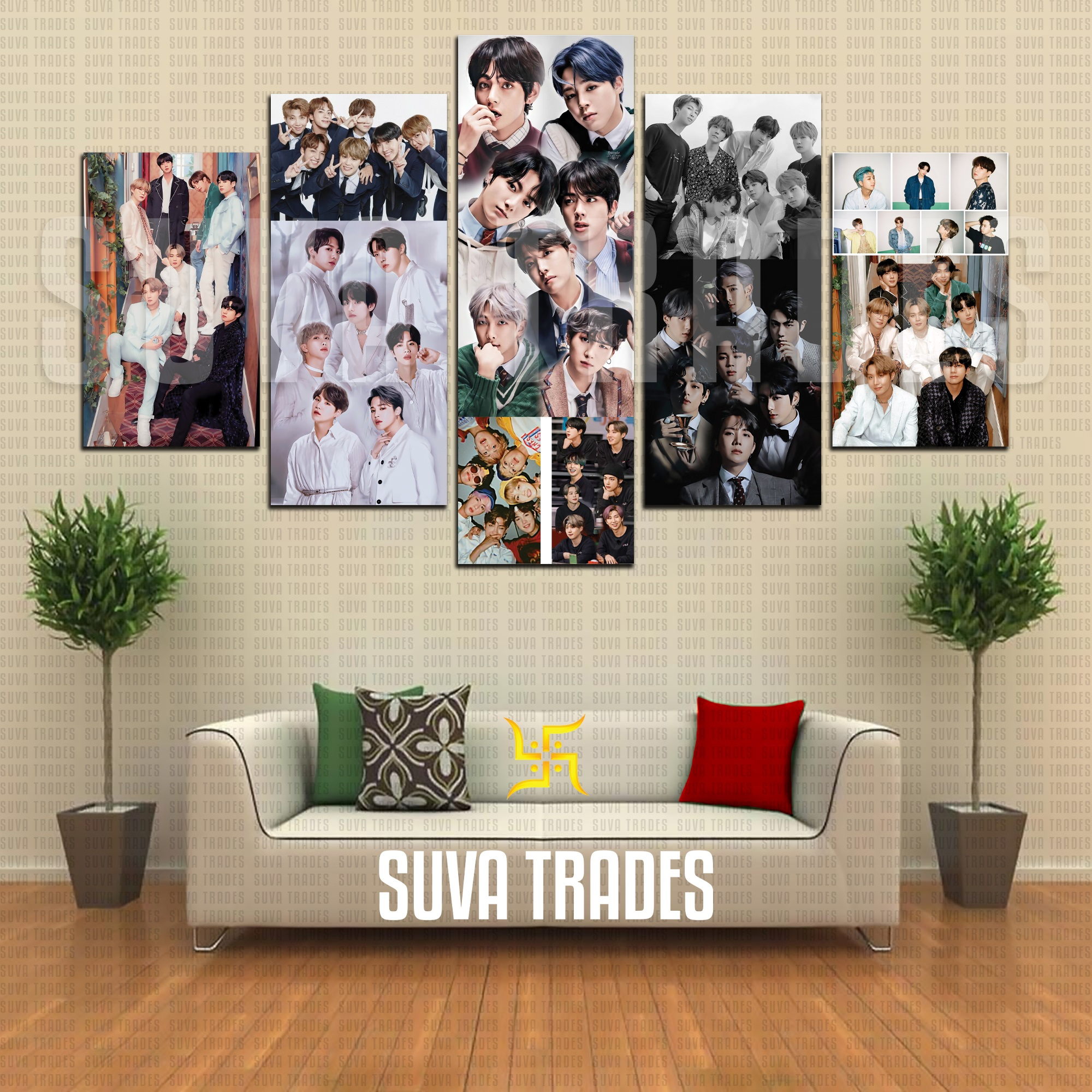 5 Piece Panel BTS Wall Hang Music Canvas Art on Vinyl Forex Print with Frame by Om Suva Trades