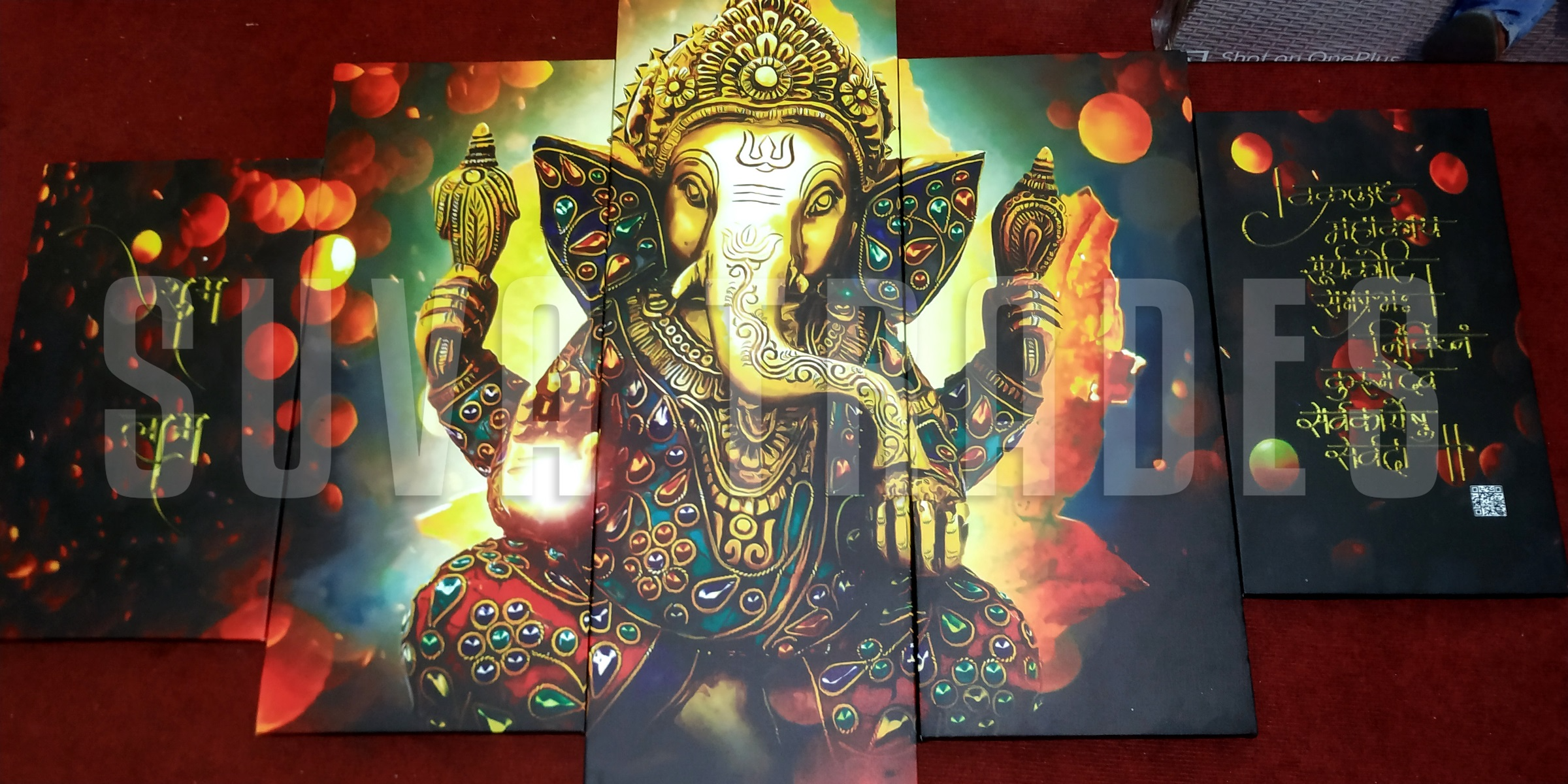5 Panel Lord Ganesh with Mantra God Wall Hang Canvas Print With Wooden Frame by Suva Trades
