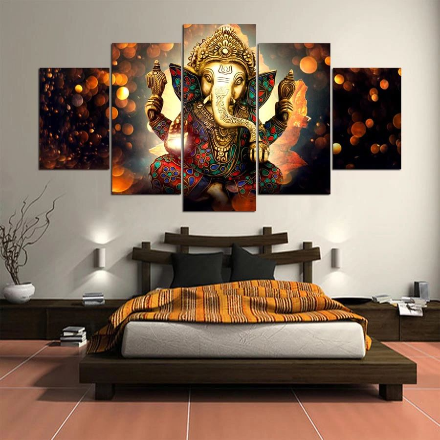 5 Piece Panel Ganesh Light Wall Hang God Canvas Art with Frame by Om Suva Trades