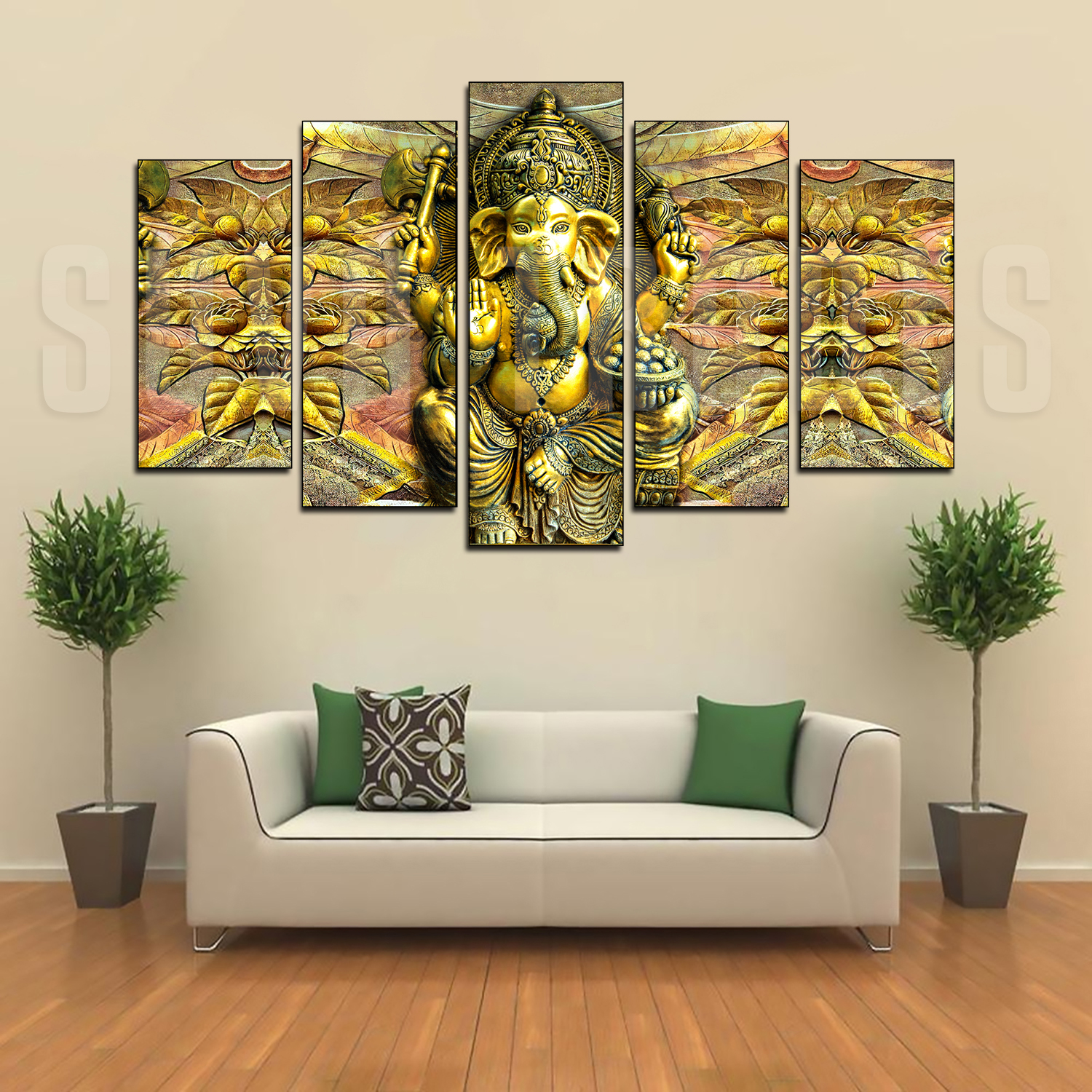 5 Piece Panel Golden Ganesh Wall Hang God Canvas Art on Vinyl Forex Print with Frame by Om Suva Trades