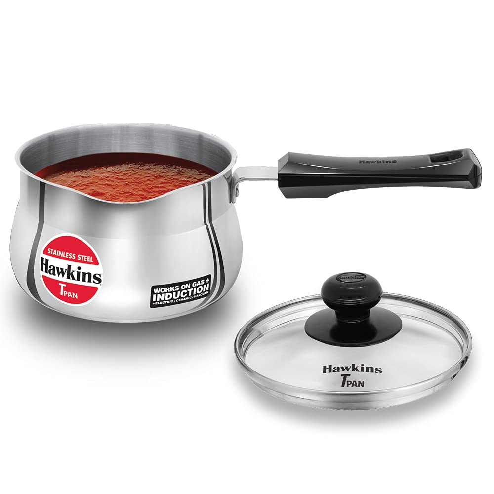 Hawkins 1.5 Litre Tpan, Stainless Steel Tea Pan with Glass Lid, Induction Sauce Pan, Chai Pan, Saucepan, Silver (SST15G)