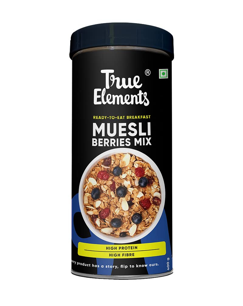 True Elements Muesli Cranberry Blueberry 400g - High Fibre Cereal, Breakfast Food, Berries Muesli