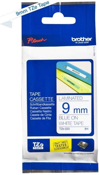 Brother TZe-223 Labelling Tape Cassette, Blue on White, 9 mm (W) x 8 m (L), Laminated