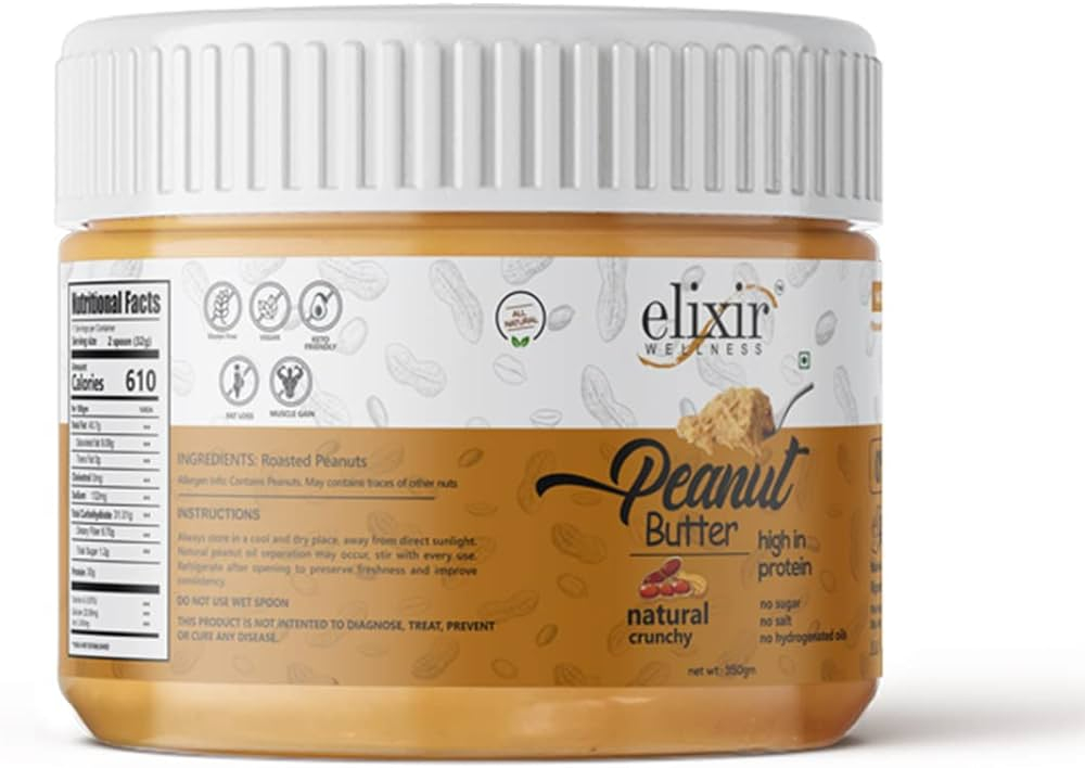 Elixir All Natural Unsweetened Peanut Butter | Crunchy | 350G