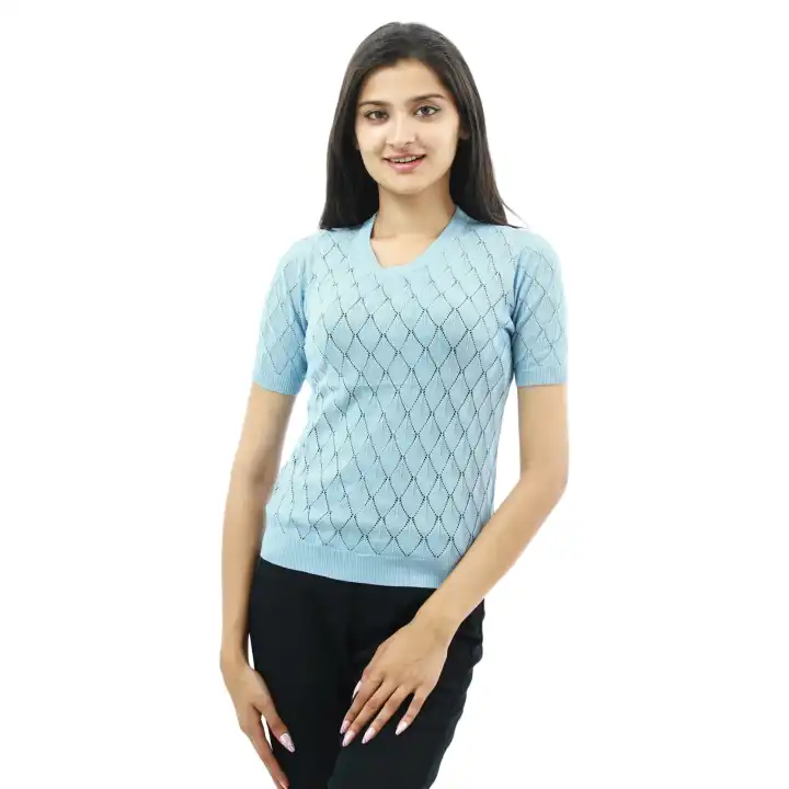 Sky Blue Woolen Round Neck Half Sleeve T-shirt For Women