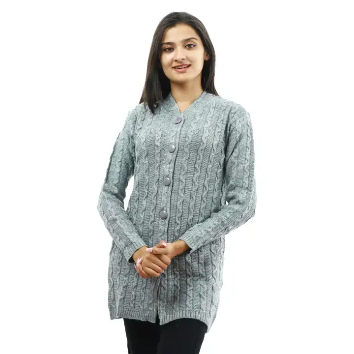 Grey Woolen Full Sleeve Front Button Design Sweater For Women