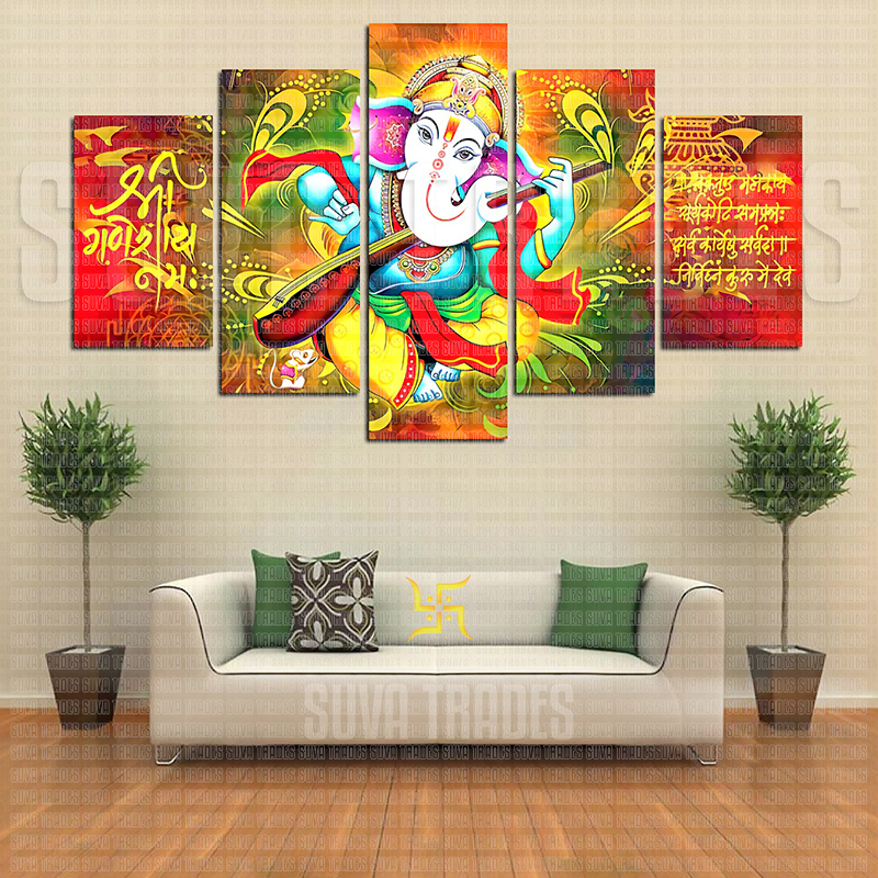 5 Panel Lord Ganesh H4 God Wall Hang Canvas Print With Wooden Frame by Suva Trades