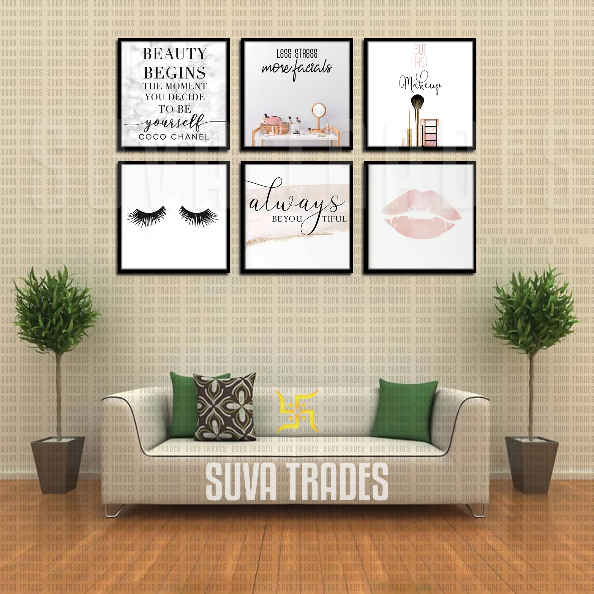 6 Panel Beauty / Cosmetics Wall Hang Canvas Print With Wooden Frame by Suva Trades