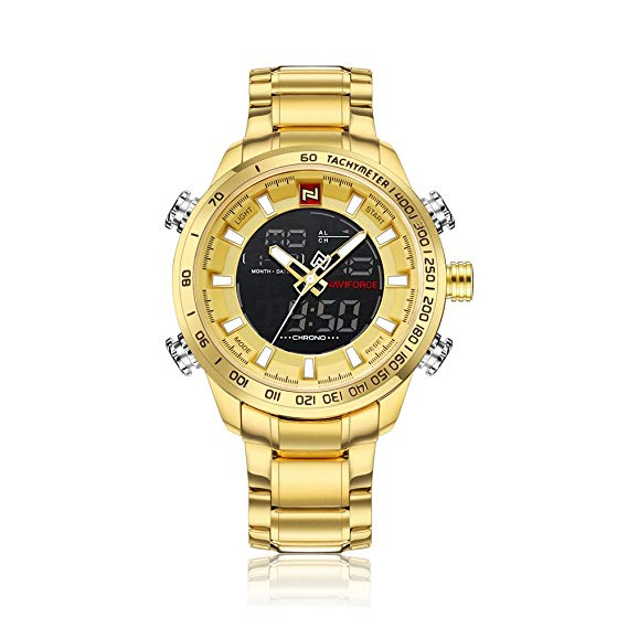 Naviforce Men's Multifunctional Dual Display Analog and Digital Watch-NF9093 Golden/Black