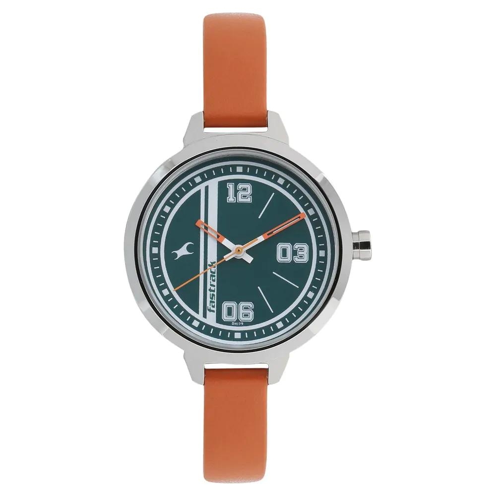 Fastrack Varsity Green Dial Leather Strap Watch For Girls 6174SL03