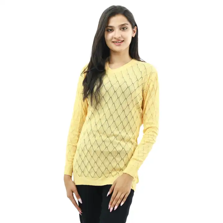 Yellow Woolen Round Neck Full Sleeve T-shirt For Women