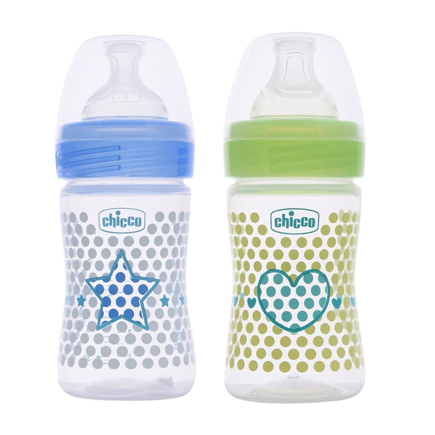 Chicco Well-Being Bipack 150 ml Feeding Bottle, Advanced Anti-Colic System, BPA Free, Hygienic Silicone Teat (Blue & Green)