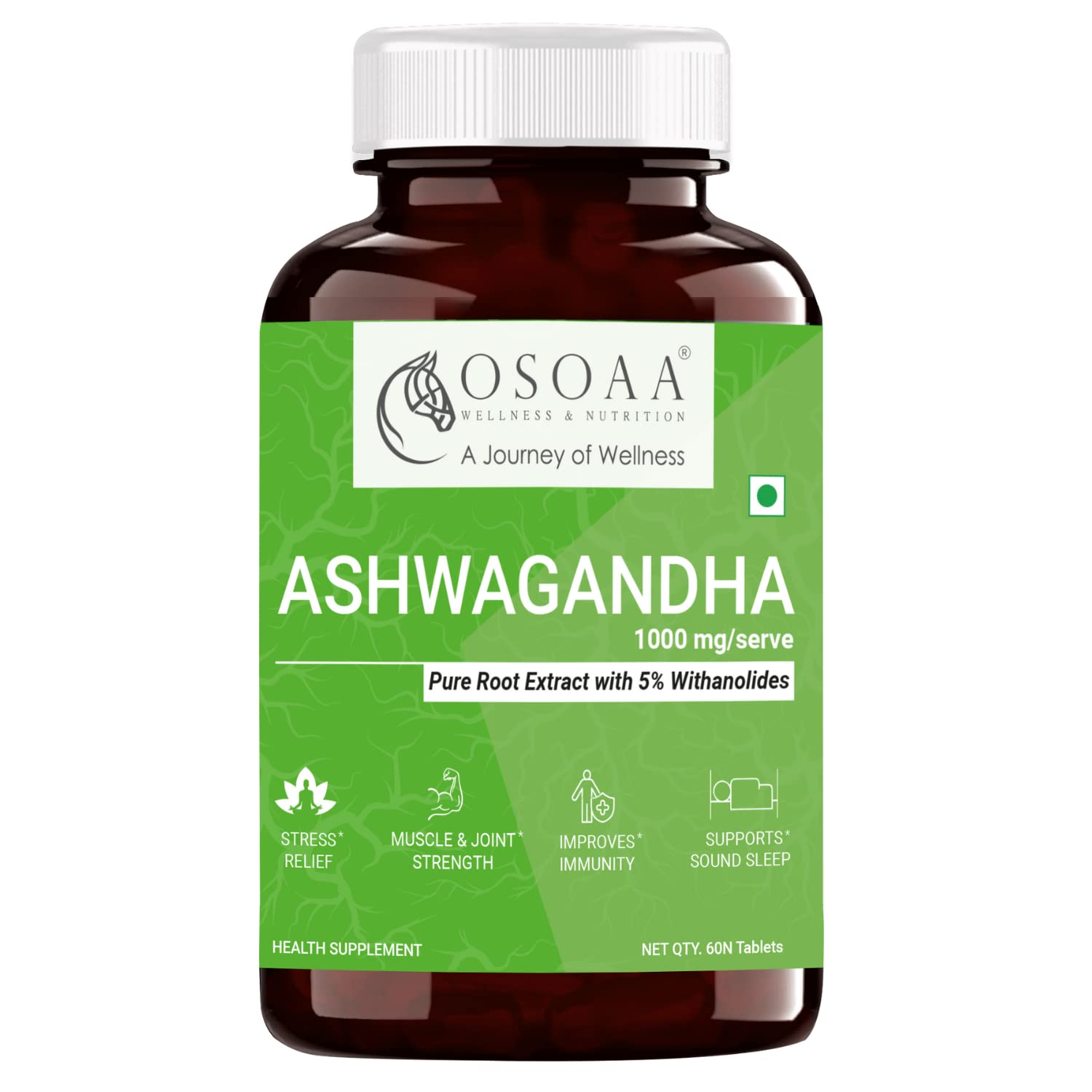 OSOAA Ashwagandha with 5% Withanolides(like KSM 66) 1000mg | 100% Pure Ayurvedic Root Extract | Boosts Energy, Stamina, Sleep with Stress & Anxiety Relief - 60 Veg Capsules (Ayush Approved)