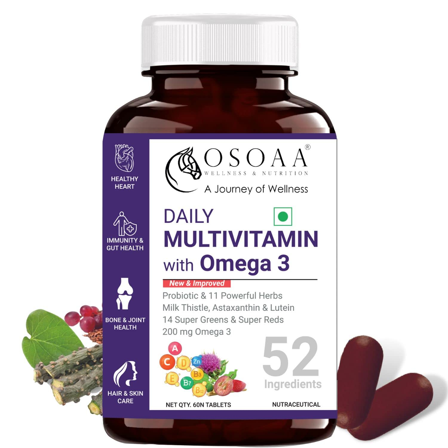OSOAA Daily Multivitamin with 200mg Omega 3 - 60 Veg Tablets | 52 Ingredients for Family - Men & Women | 40 Billion Probiotics, Trace Minerals, Super Greens, Super Reds, Asthaxanthin | Supports Immunity, Energy & Gut Health
