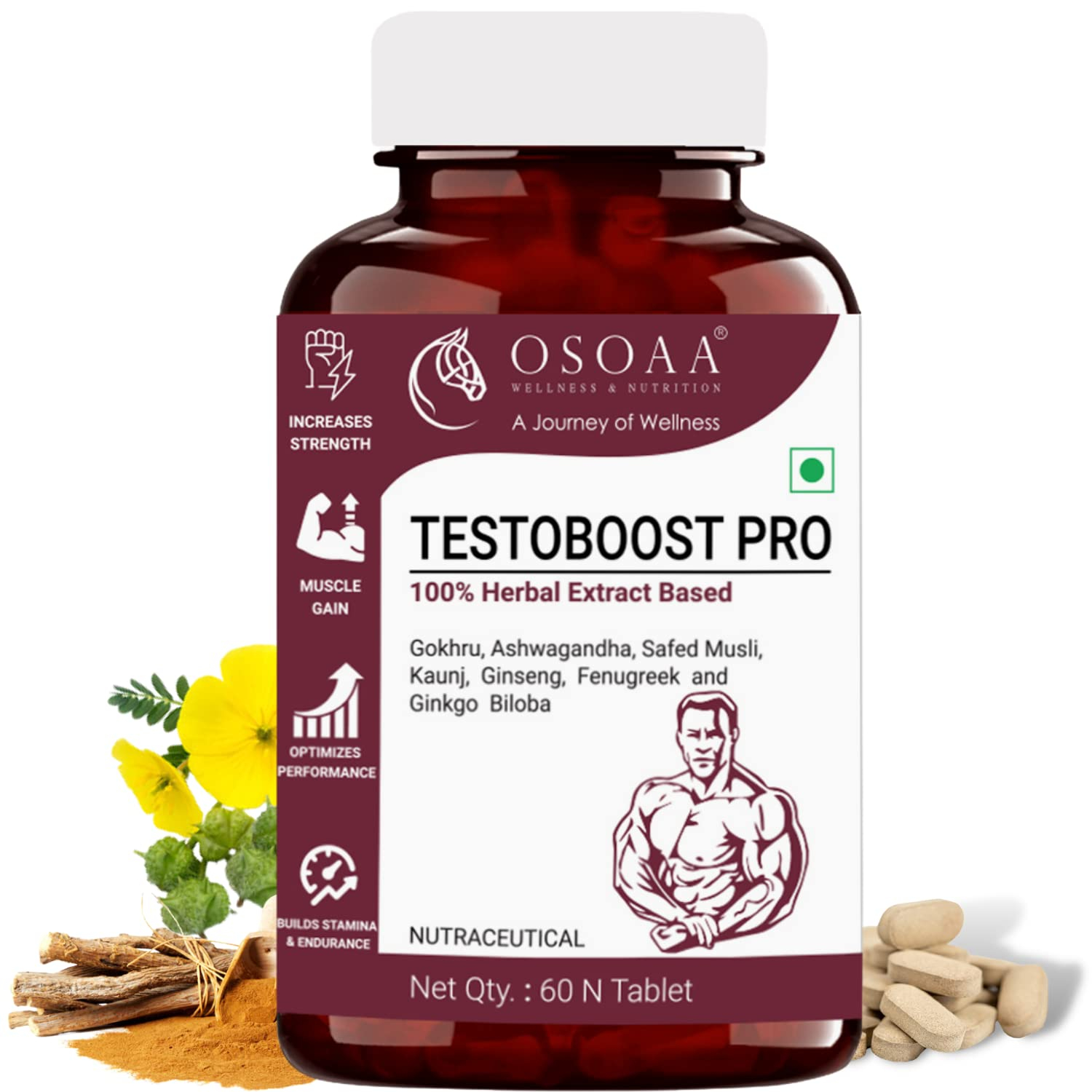 OSOAA Testo Tablets for Men - 8 Ayurvedic Herbs for Daily Wellness and Strength | Tribulus Terrestris 1000mg, Ashwagandha, Safed Musli, Ginseng, Kaunj Extract | 60 Veg Tablets