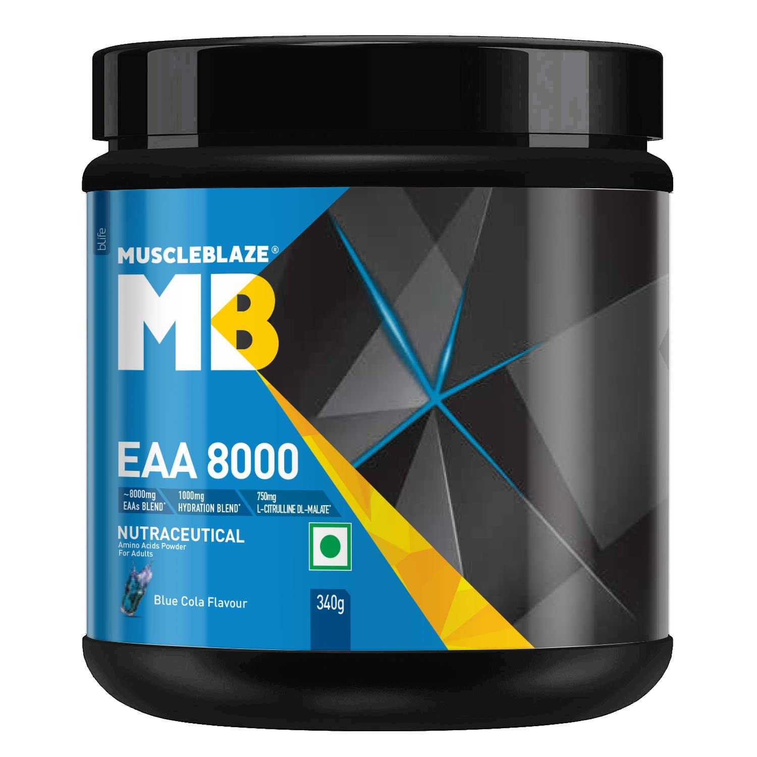 MuscleBlaze EAA 8000, 8000 mg EAAs Blend, 1000 mg Hydration Blend, & 750 mg L-Citrulline (Blue Cola, Pack of 340 g powder, 25 Servings)