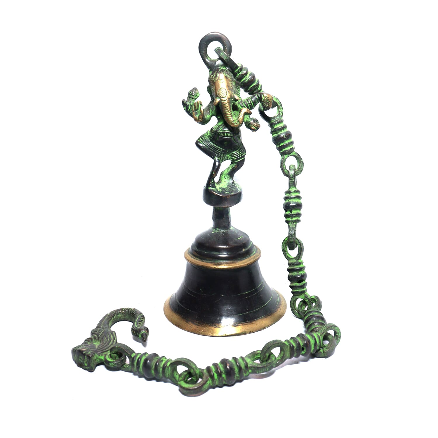 Seven Chakra Handicraft - 64cm Size Dancing Ganesh Design Hanging Bell (With Chain)(green/dark)