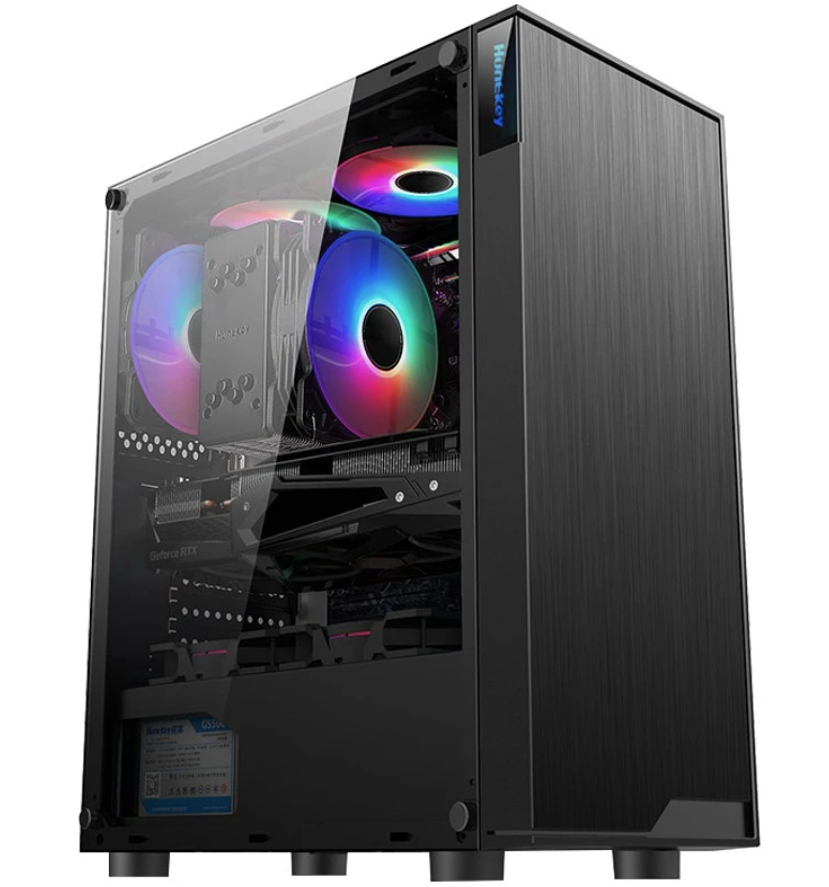 Huntkey GS400C Black Case Side Through/Support ATX/Wide Body Gaming Computer Case/Support Long Graphics Card/Black Back Line/Simple Drawing Panel