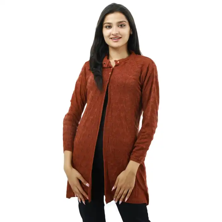Brown Woolen Full Sleeve Front Button Design Long Sweater For Women