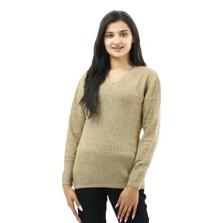 Creamy V-neck Full Sleeve Sweater For Women