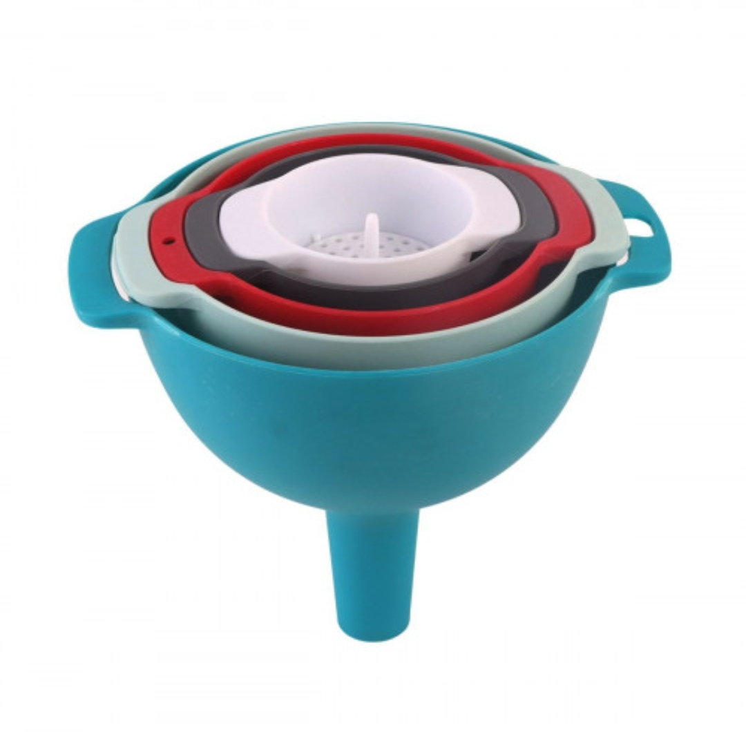 Laughing Buddha - 6-in-1 Multifunctional Funnel Set 5-Piece Funnel with Handle and Removable Strainer Insert Plastic Filling Funnel 60/80/100/120/140 mm