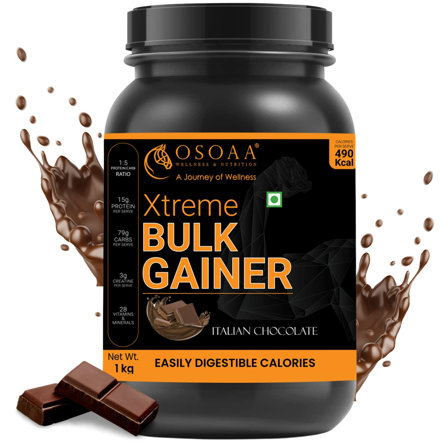 OSOAA 1:5 Bulk Gainer 1Kg with 3g Creatine, 15g Whey Protein - 490 Calories| with Digestive Enzymes, HOSO & 28 Vitamins | XXL Rapid Muscle Weight Gain | Soy & Gluten Free (Italian Chocolate)