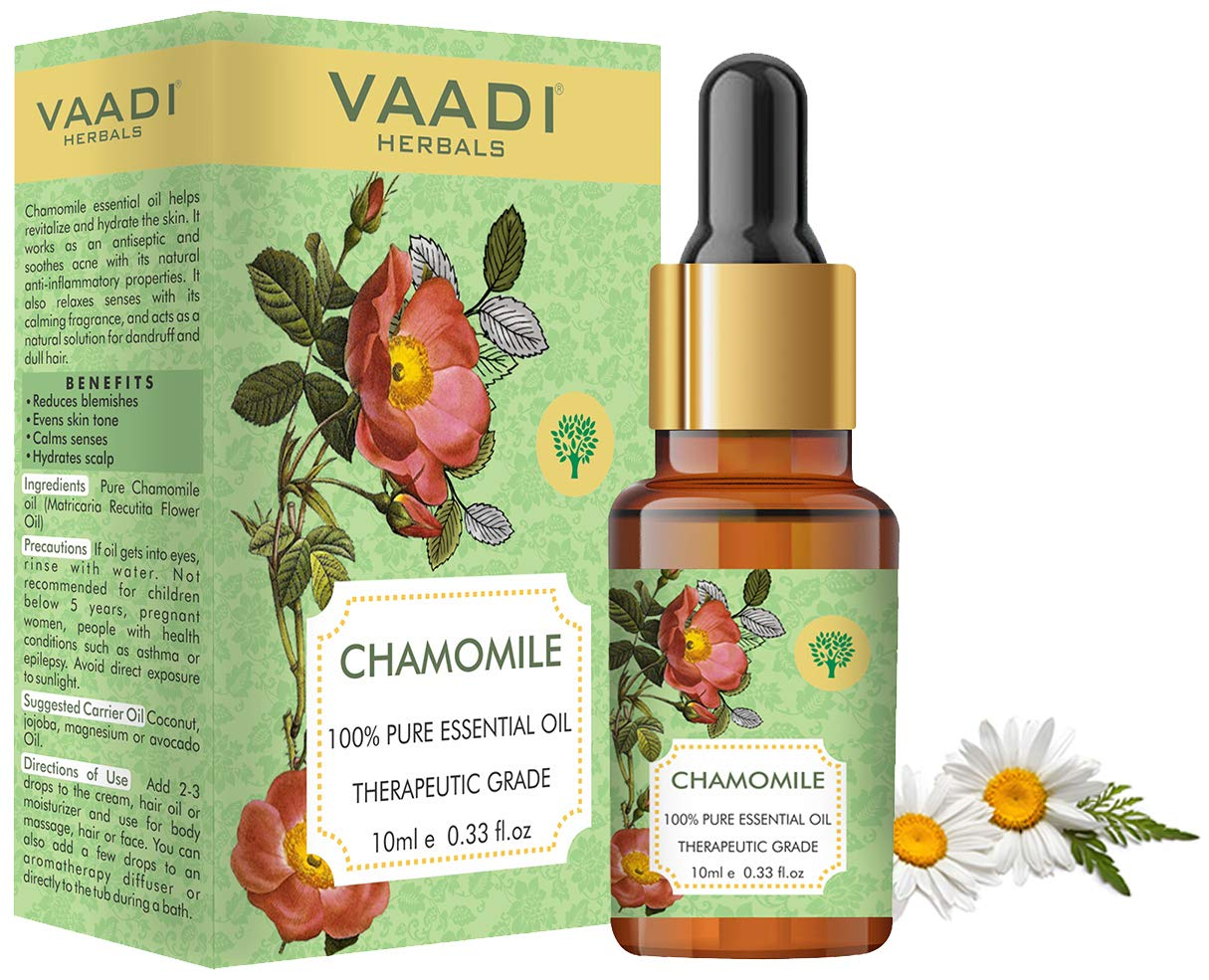 Vaadi Herbals Chamomile Essential Oil - Reduces Blemishes, Evens Skin Tone - Relieves Stress, Better Sleep - 100% Pure Therapeutic Grade, 10 ml