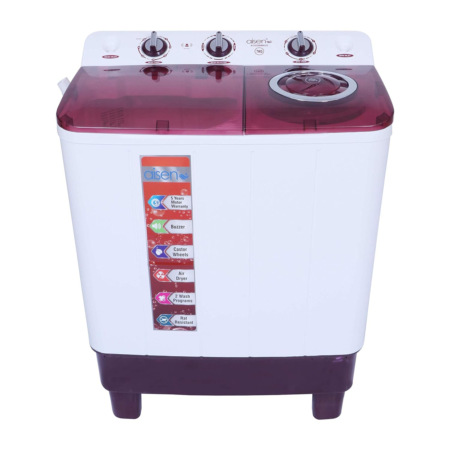 Aisen 7.0 kg Semi-Automatic Top Loading Washing Machine A70SWM620, Maroon, Heavy Duty Motor, Wave Pulsator, Chrome Finish Luxury Button