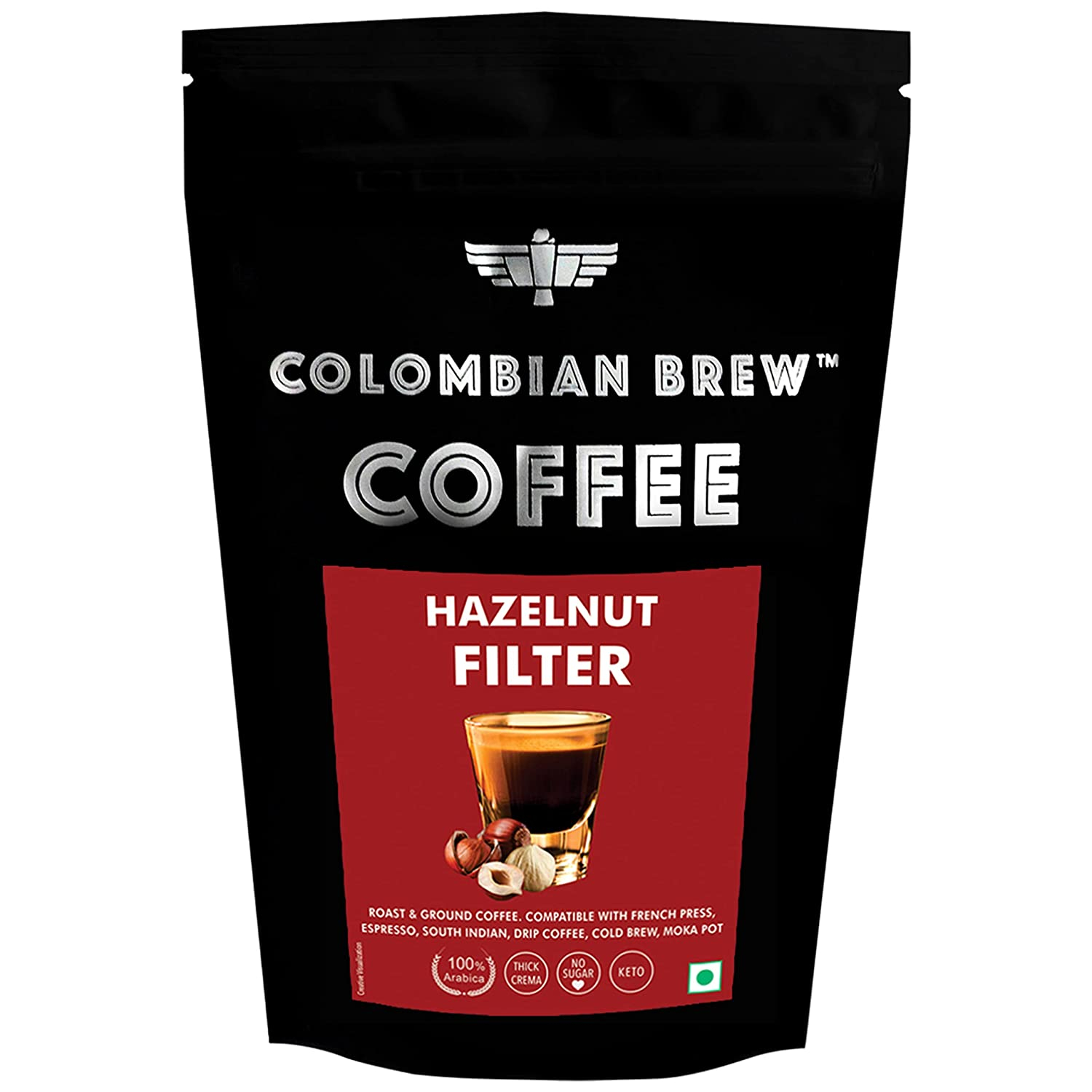 Colombian Brew Hazelnut Filter Coffee Powder, Arabica Roast & Ground, 100g (Make Espresso, French Press, Cold Brew, Hot Brew)