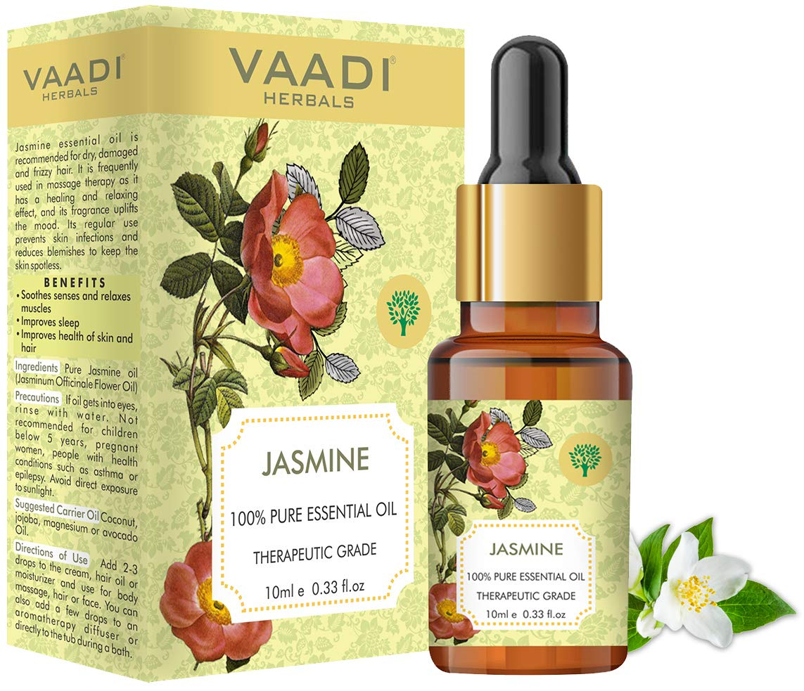 Vaadi Herbals Jasmine Essential Oil - Nourishes Dry & Damaged Hair, Improves Sleep, Uplifts Mood, Reduces Acne & Blemishes - 100% Pure Therapeutic Grade, 10 ml