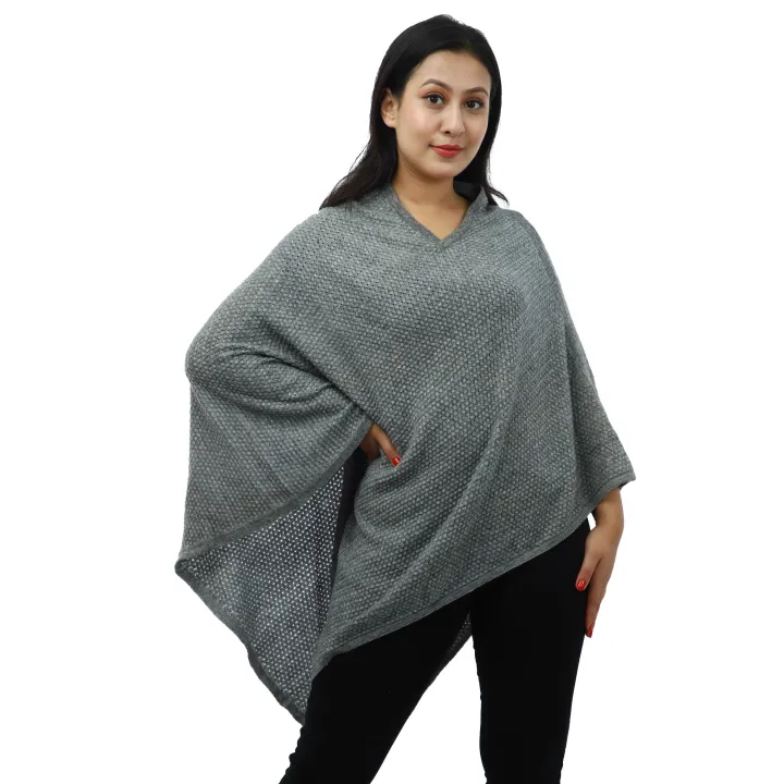 Pashmina Blend V-neck Poncho In Pointel Cable Design For Women