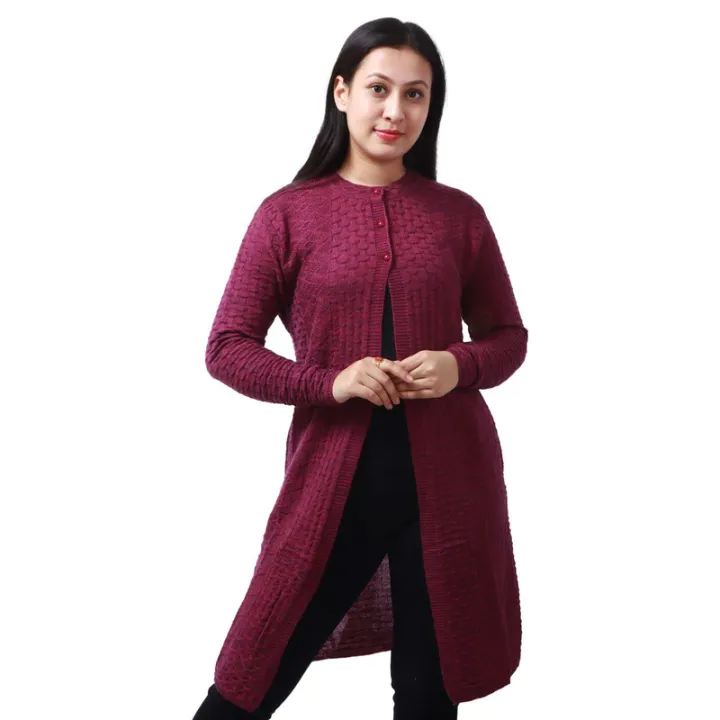 Maroon Woolen Full Sleeve Front Button Design Sweater For Women