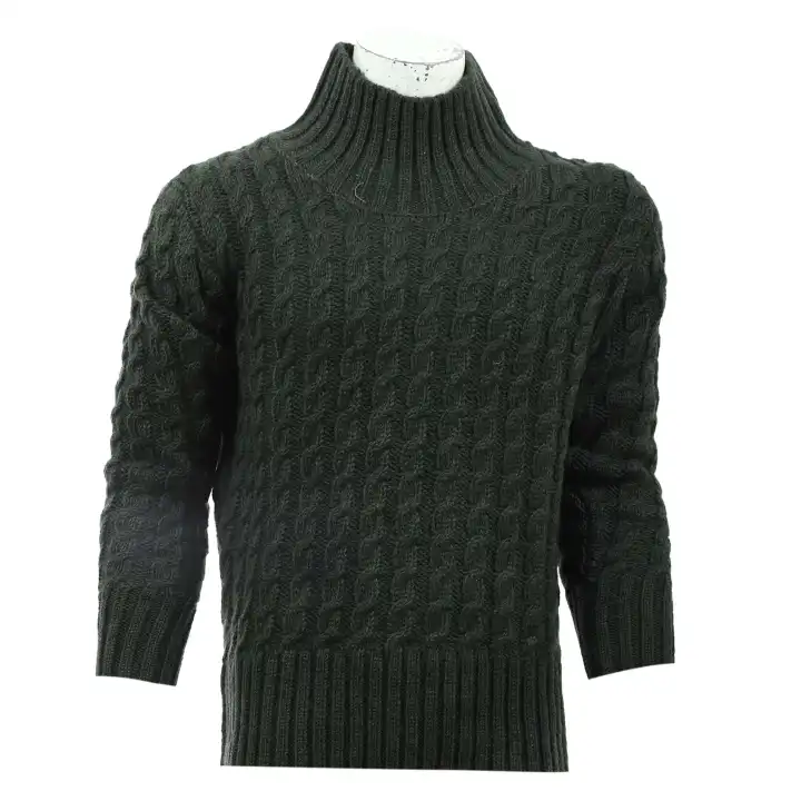 Green Woolen Full Sleeve Knitted Highneck Sweater For Men