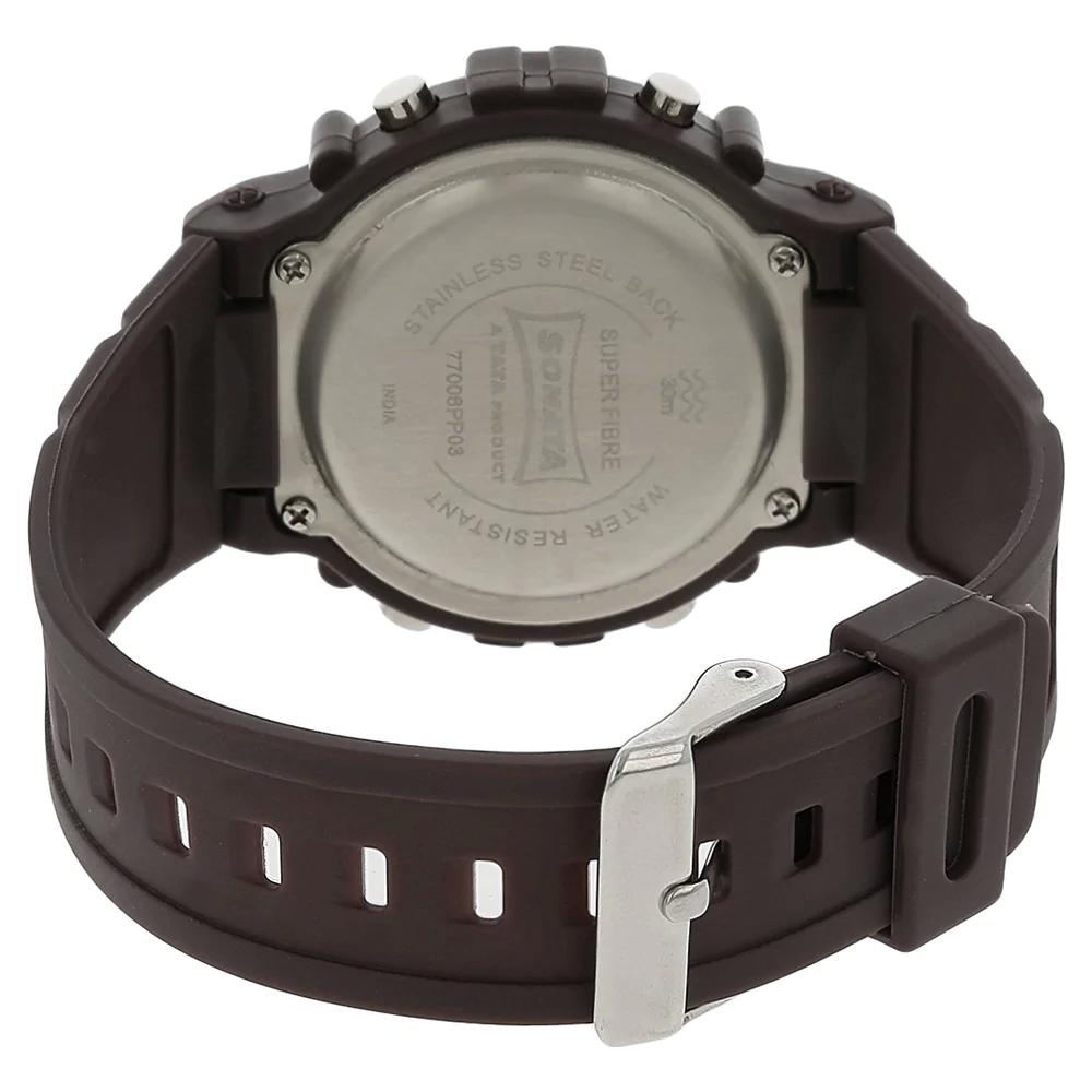 Sonata Grey Dial Brown Plastic Strap Watch For Men 77006PP03