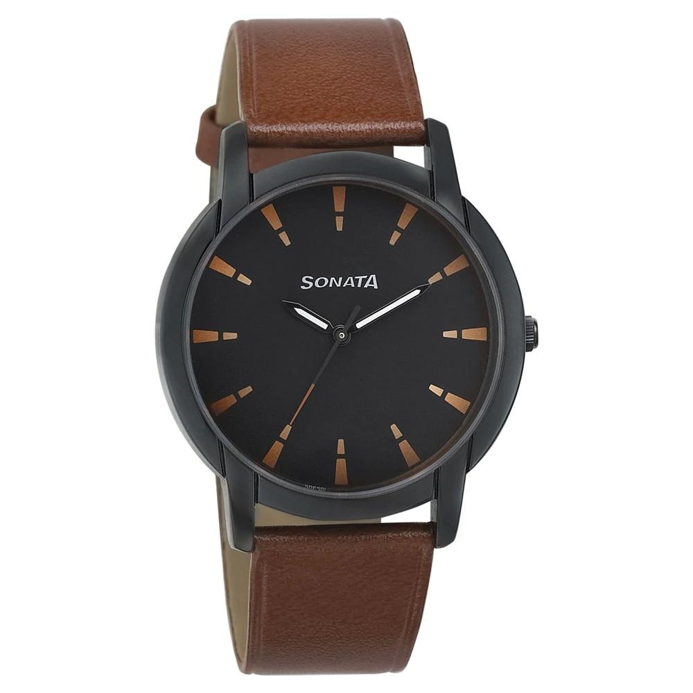 Sonata Black Dial Brown Leather Strap Watch For Men 77031NL01