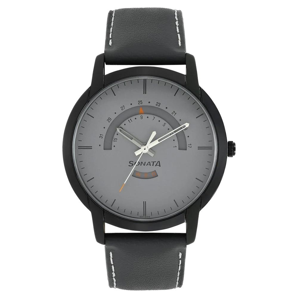 Sonata Reloaded Grey Dial Leather Strap For Men 77031NL02