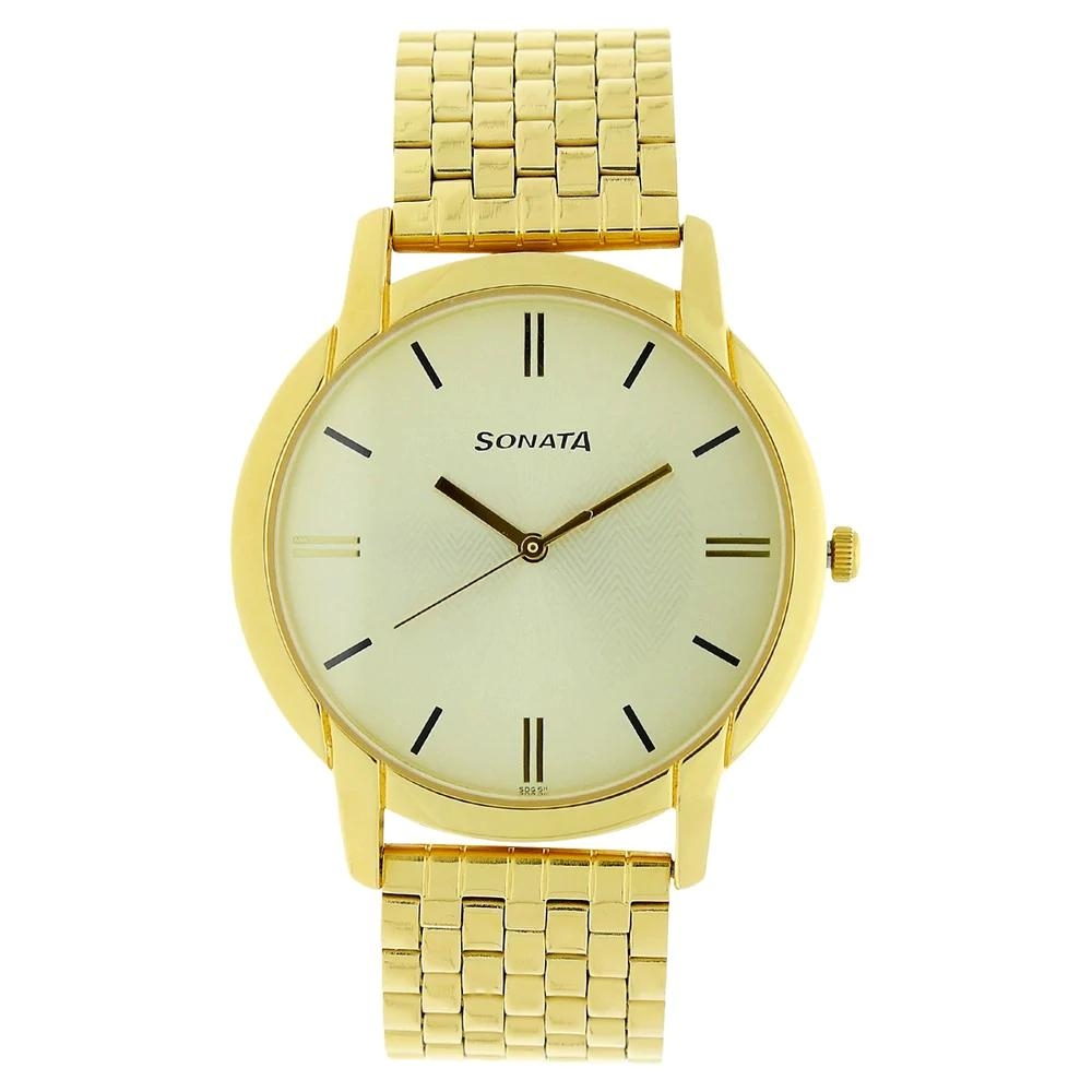 Sonata Wedding Champagne Dial Stainless Steel Strap For Men 77031YM07