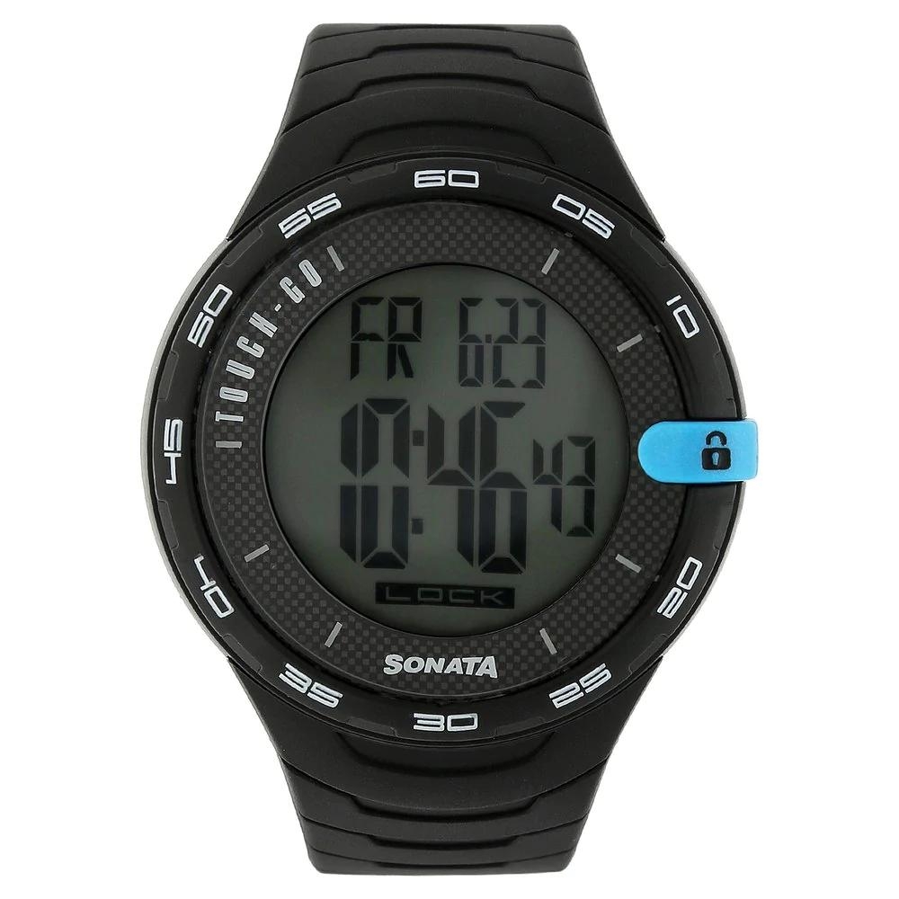 Sonata Black Dial Black Plastic Strap Watch For Men 77041PP03