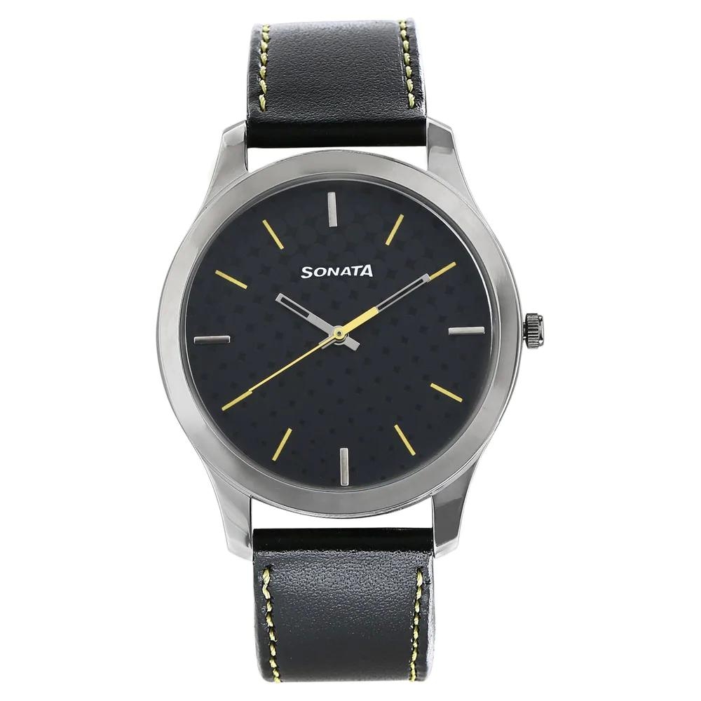 Sonata Nxt Black Dial Leather Strap For Men 77063SL05