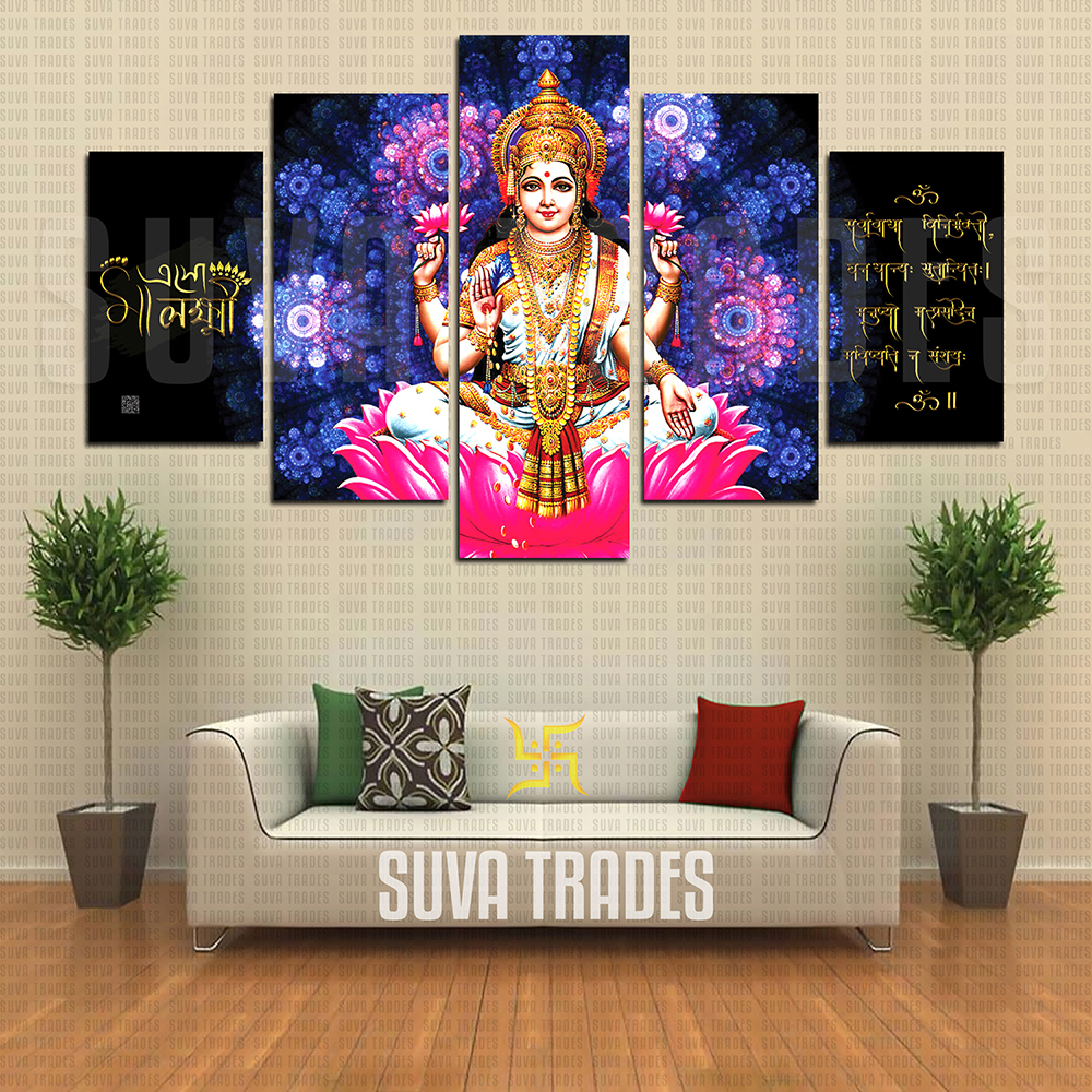 5 Panel Laxmi Mata with Mantra God Wall Hang Canvas Print With Wooden Frame by Suva Trades