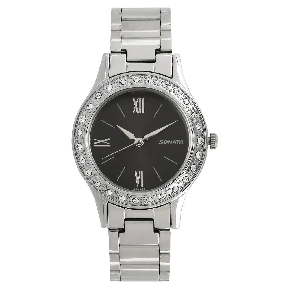 Sonata Stardust Black Dial Stainless Steel Strap For Women 8123SM02
