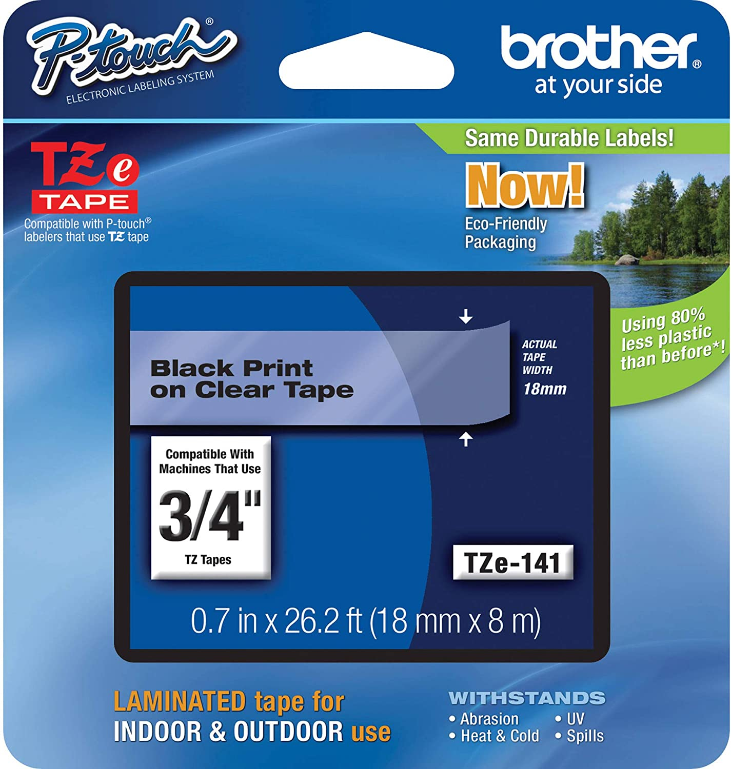 Brother Tape, Retail Packaging, 3/4 Inch, Black on Clear (TZe141)