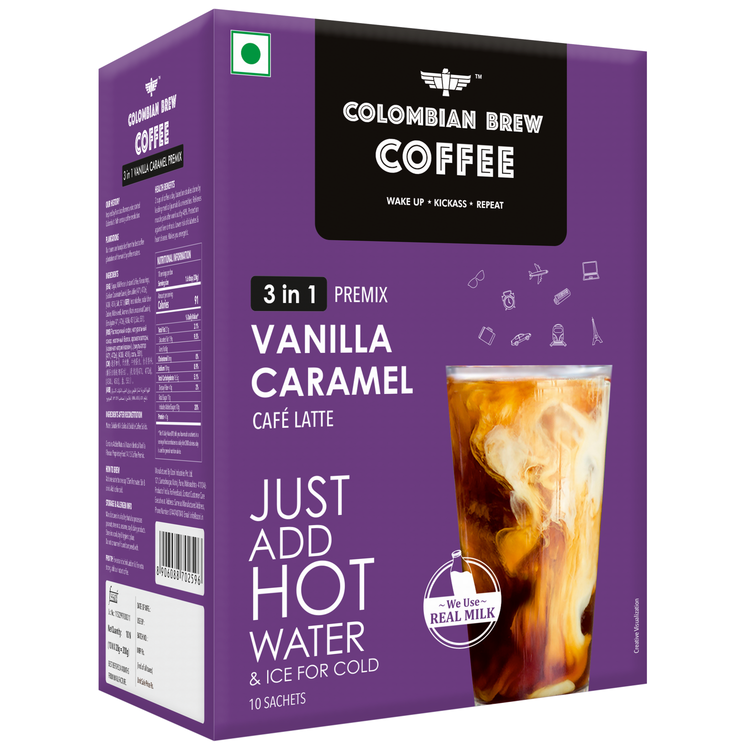 Colombian Brew Vanilla Caramel Café Latte, Instant Coffee Powder Premix (3 in 1), 10 Sachets Box