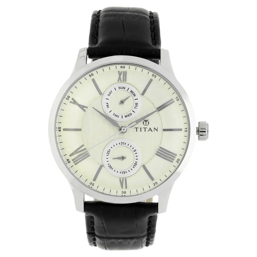 Titan On Trend Silver Dial Leather Strap Watch For Men 90100SL01