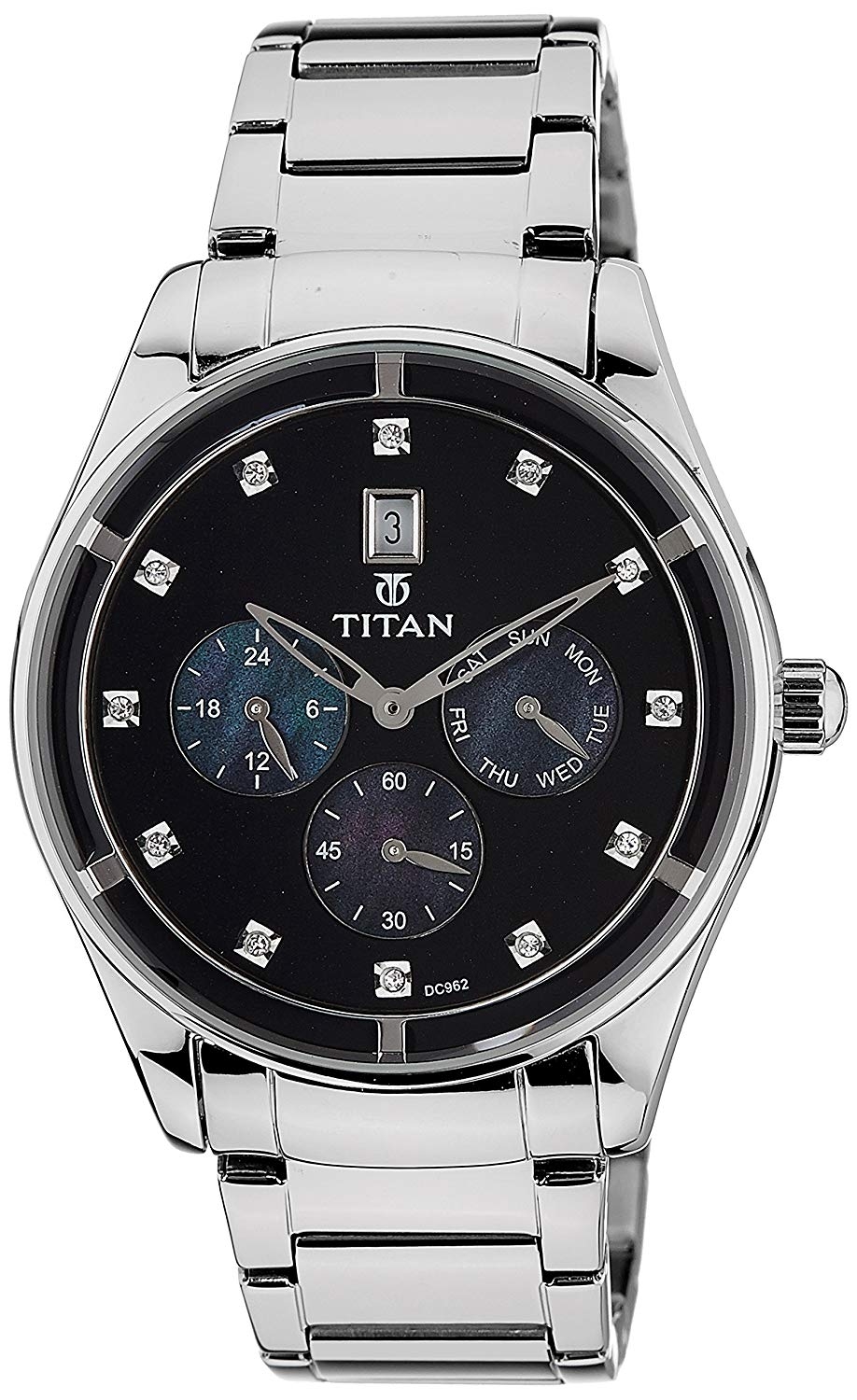 Titan Black Dial Silver Stainless Steel Strap Watch For Women 9960SM02