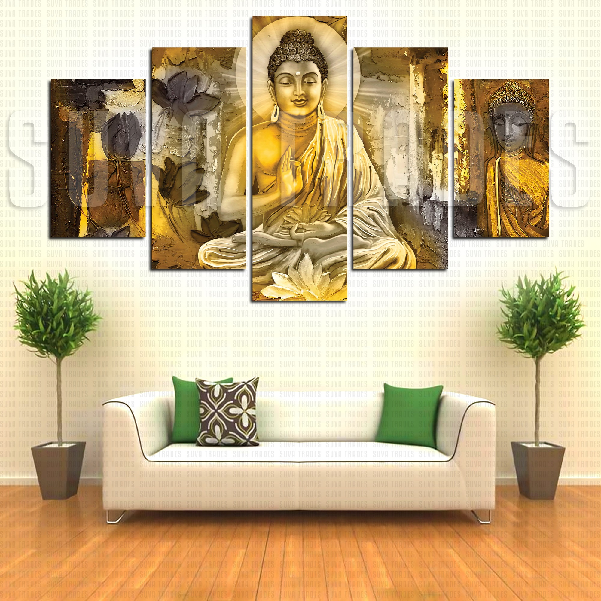 5 Panel Lord Buddha Peace 1 with Mantra God Wall Hang Canvas Print With Wooden Frame by Suva Trades