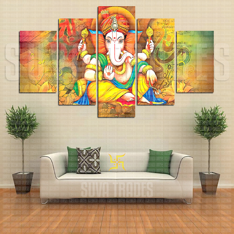 5 Panel Lord Ganesh H3 God Wall Hang Canvas Print With Wooden Frame by Suva Trades